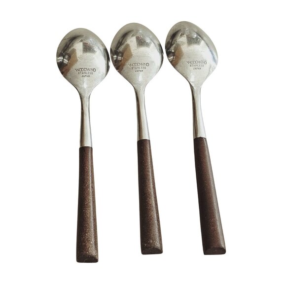 3 Woodwind Teaspoon Spoon 6" wood-like handle vtg midcentury boho minimalist mix - Picture 5 of 9